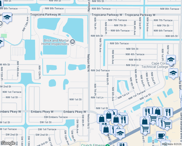 map of restaurants, bars, coffee shops, grocery stores, and more near 310 Northwest 7th Place in Cape Coral