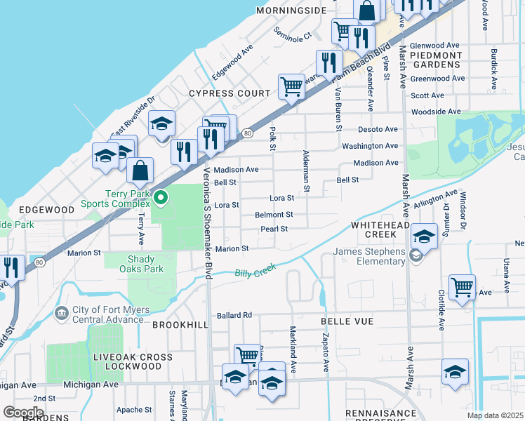 map of restaurants, bars, coffee shops, grocery stores, and more near 3753 Belmont Street in Fort Myers