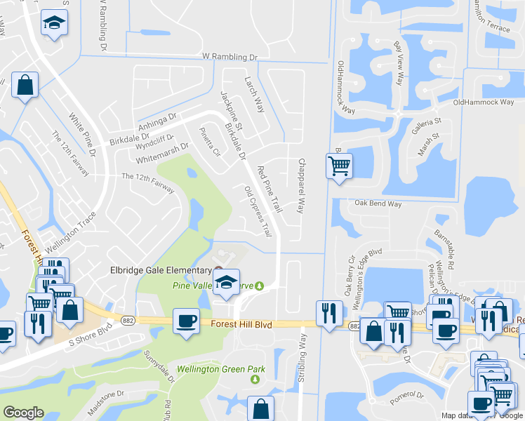 map of restaurants, bars, coffee shops, grocery stores, and more near 1586 Old Cypress Trail in Wellington