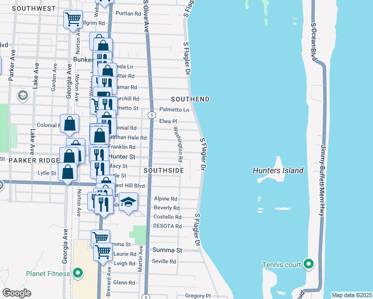 map of restaurants, bars, coffee shops, grocery stores, and more near 141 Cortez Road in West Palm Beach