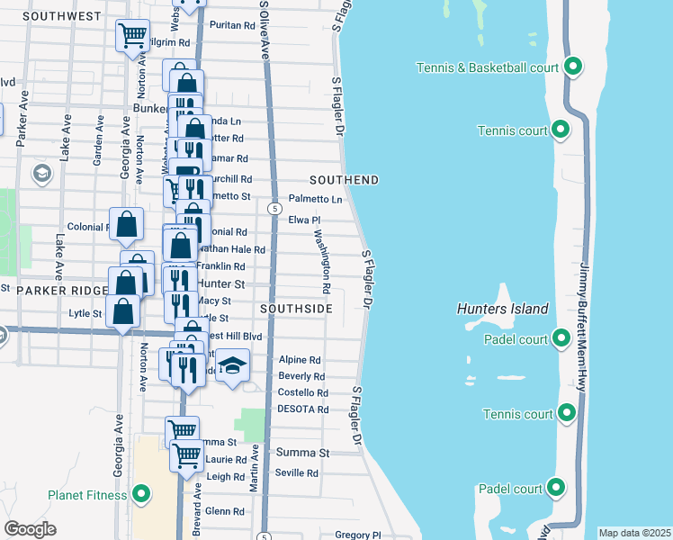 map of restaurants, bars, coffee shops, grocery stores, and more near 151 Cortez Road in West Palm Beach