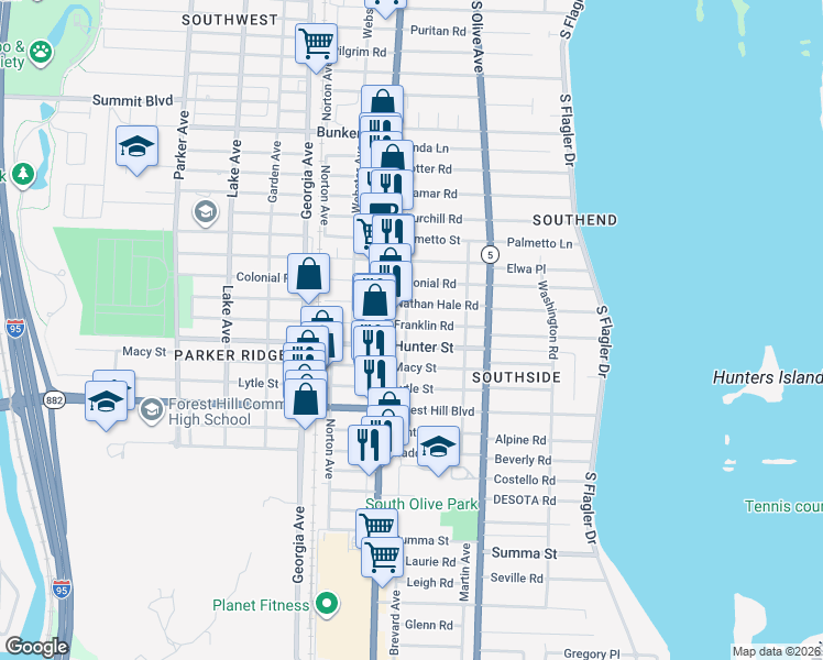 map of restaurants, bars, coffee shops, grocery stores, and more near 372 Franklin Road in West Palm Beach