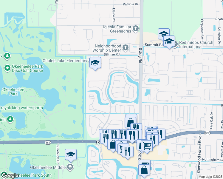 map of restaurants, bars, coffee shops, grocery stores, and more near 1130 Hatteras Circle in Greenacres