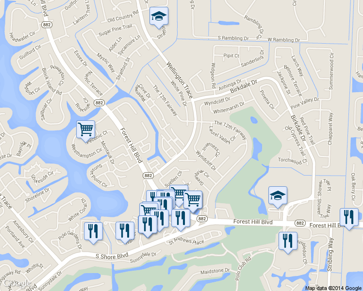 map of restaurants, bars, coffee shops, grocery stores, and more near 11868 Sturbridge Lane in Wellington