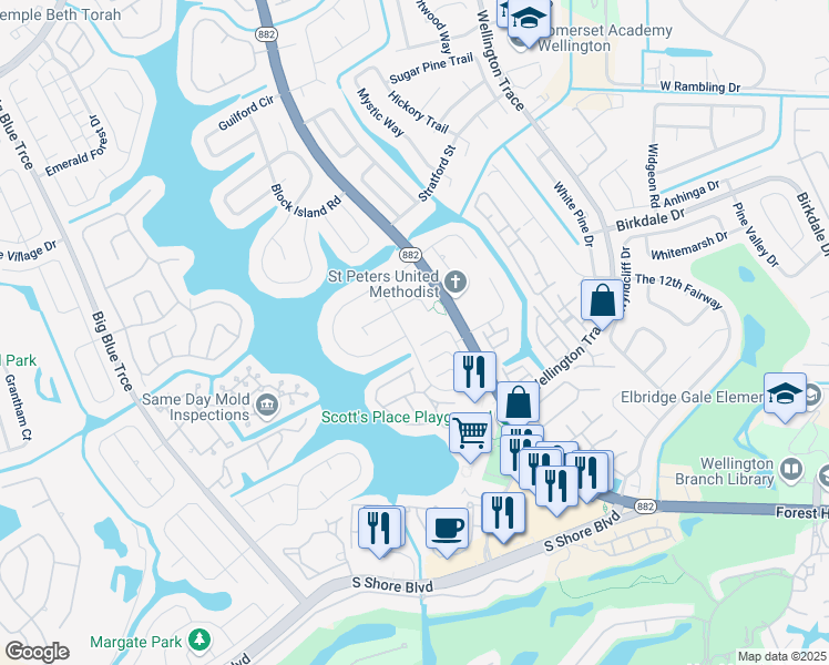 map of restaurants, bars, coffee shops, grocery stores, and more near 12341 Westhampton Circle in Wellington