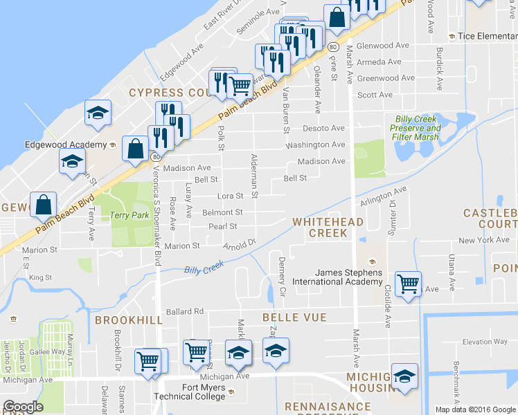 map of restaurants, bars, coffee shops, grocery stores, and more near 3919 Belmont Street in Fort Myers