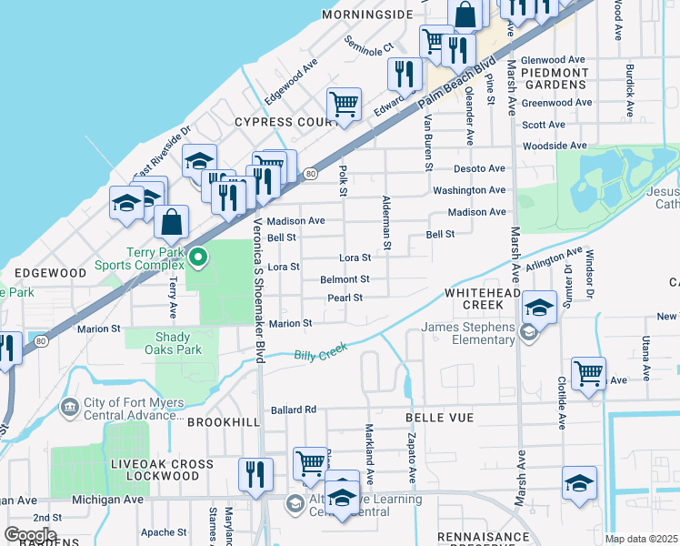 map of restaurants, bars, coffee shops, grocery stores, and more near 3754 Lora Street in Fort Myers