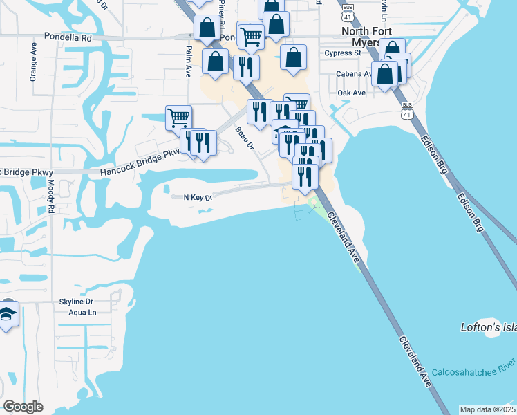 map of restaurants, bars, coffee shops, grocery stores, and more near 3334 North Key Drive in North Fort Myers