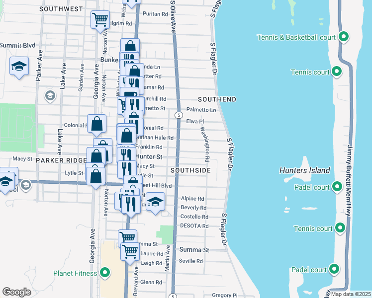 map of restaurants, bars, coffee shops, grocery stores, and more near 249 Cortez Road in West Palm Beach