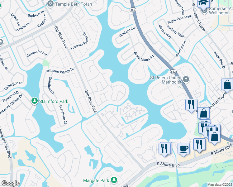 map of restaurants, bars, coffee shops, grocery stores, and more near 1605 Bayridge Place in Wellington