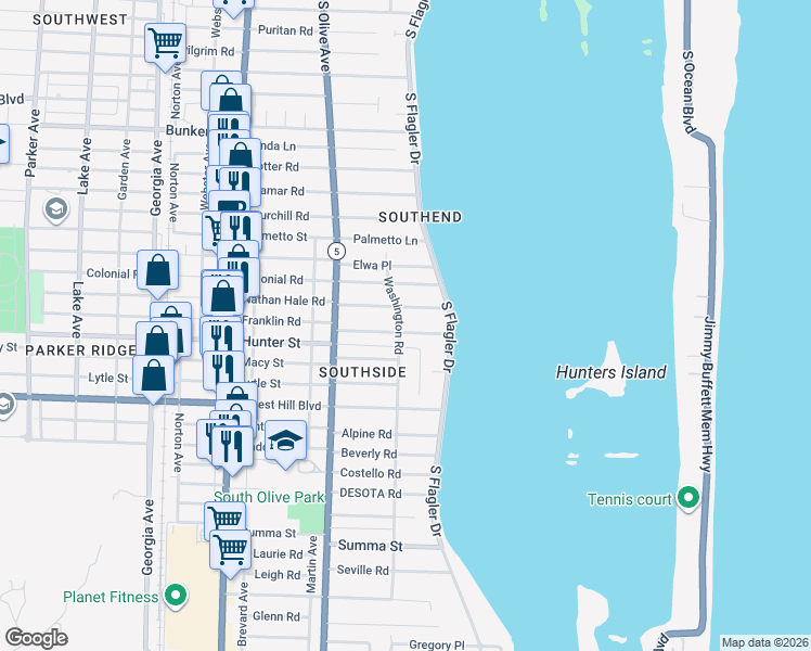 map of restaurants, bars, coffee shops, grocery stores, and more near 151 Cortez Road in West Palm Beach