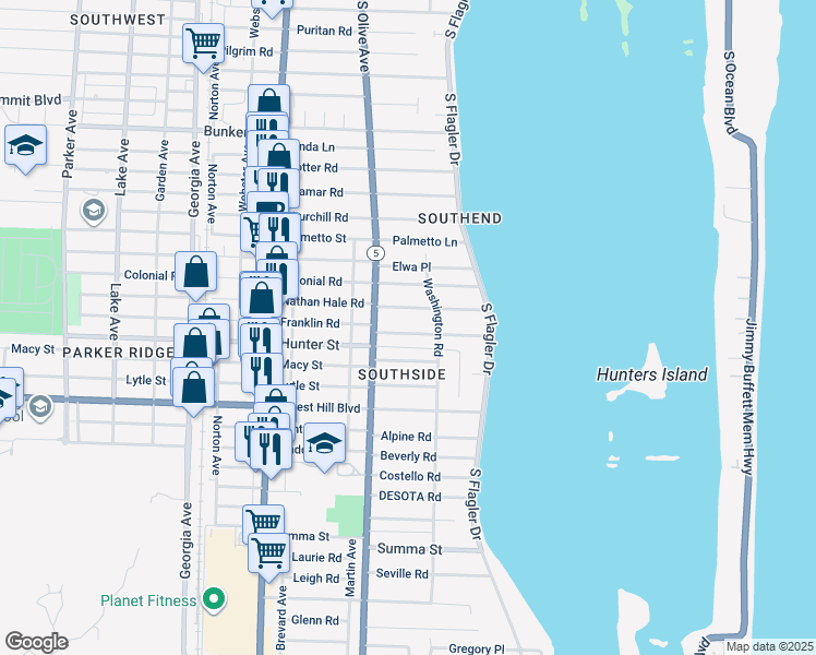 map of restaurants, bars, coffee shops, grocery stores, and more near 233 Cortez Road in West Palm Beach