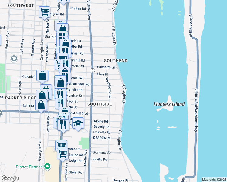 map of restaurants, bars, coffee shops, grocery stores, and more near 151 Cortez Road in West Palm Beach