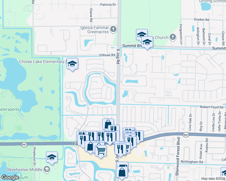 map of restaurants, bars, coffee shops, grocery stores, and more near 1184 Hatteras Circle in Greenacres