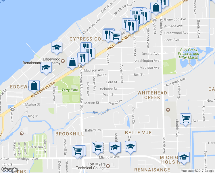 map of restaurants, bars, coffee shops, grocery stores, and more near 3781 Belmont Street in Fort Myers