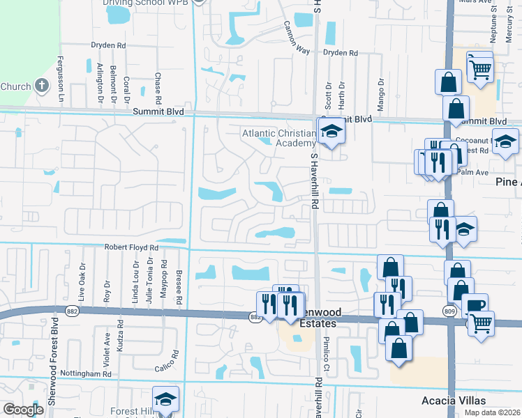 map of restaurants, bars, coffee shops, grocery stores, and more near 1329 Pines Lane in West Palm Beach