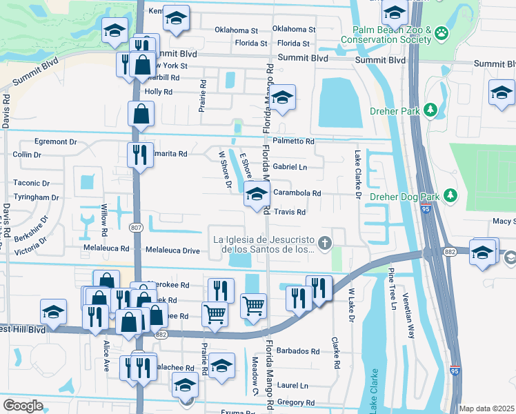 map of restaurants, bars, coffee shops, grocery stores, and more near 1269 Florida Mango Road in West Palm Beach