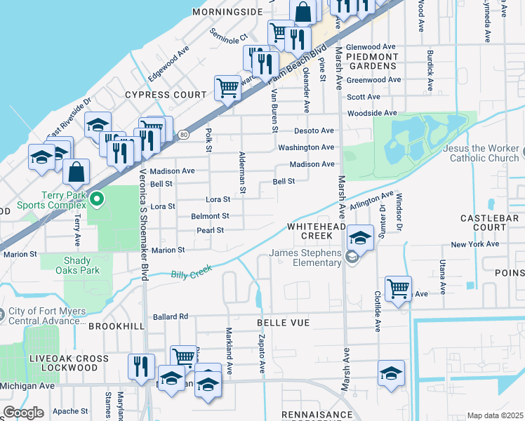map of restaurants, bars, coffee shops, grocery stores, and more near 3919 Belmont Street in Fort Myers