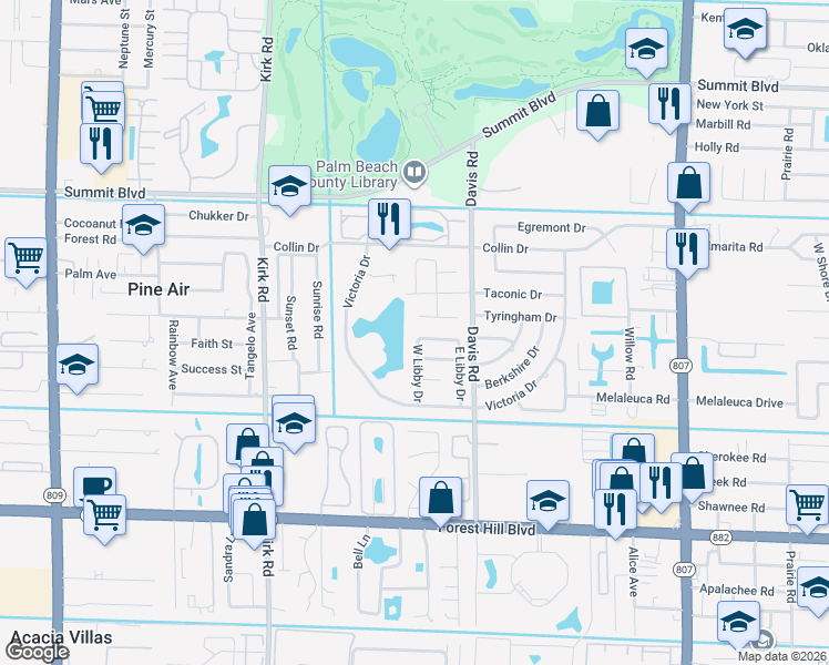 map of restaurants, bars, coffee shops, grocery stores, and more near 3643 North Libby Drive in West Palm Beach