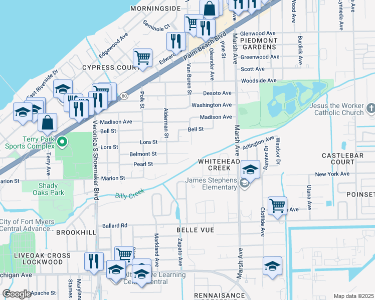 map of restaurants, bars, coffee shops, grocery stores, and more near 3973 Belmont Street in Fort Myers