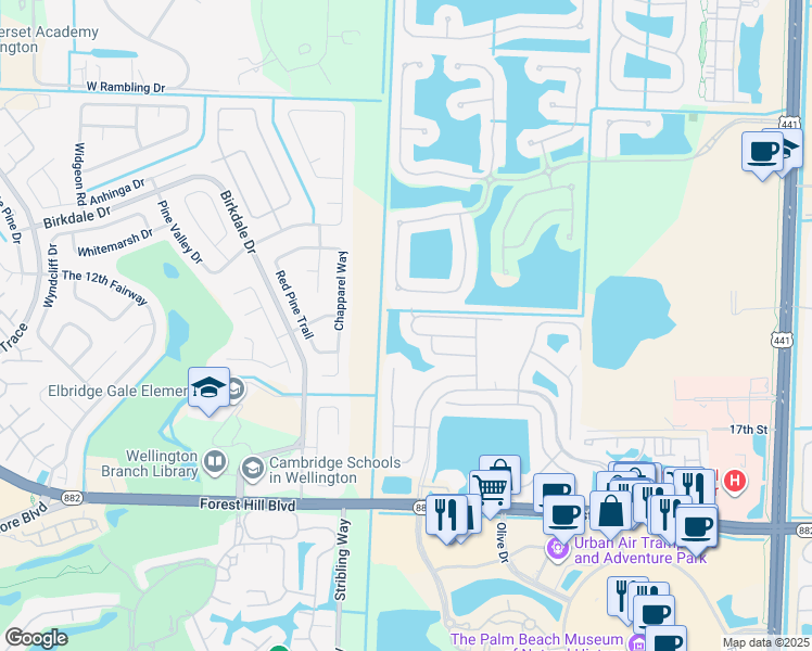 map of restaurants, bars, coffee shops, grocery stores, and more near 10811 Oak Bend Way in Wellington