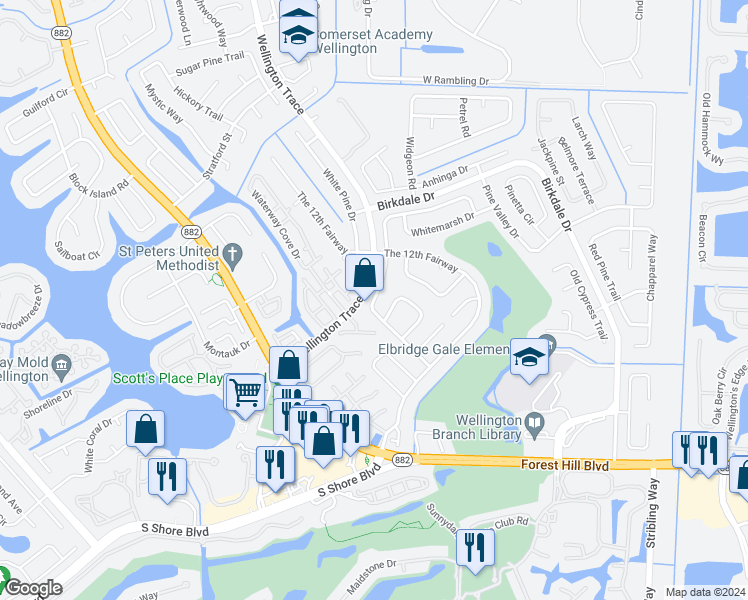 map of restaurants, bars, coffee shops, grocery stores, and more near 11809 Inverness Circle in Wellington