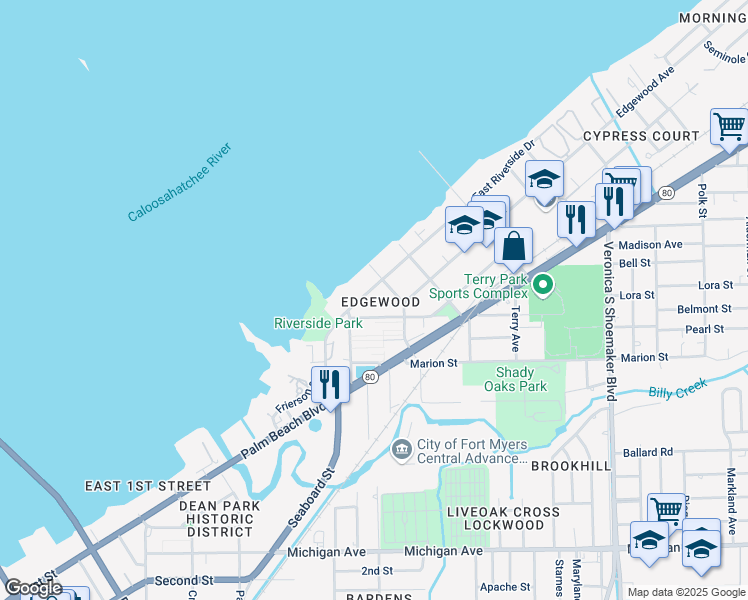map of restaurants, bars, coffee shops, grocery stores, and more near 3168 East Riverside Drive in Fort Myers