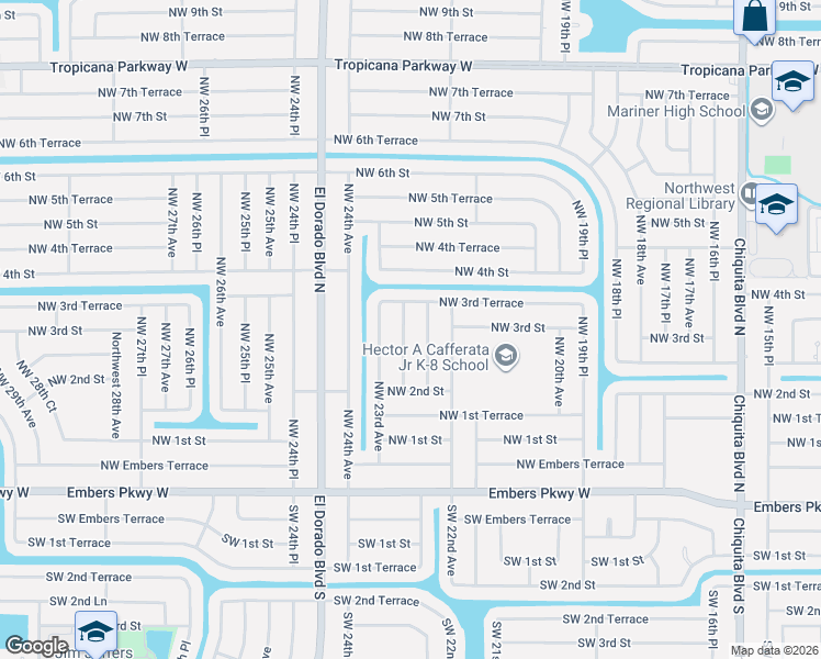 map of restaurants, bars, coffee shops, grocery stores, and more near 235 Northwest 22nd Court in Cape Coral