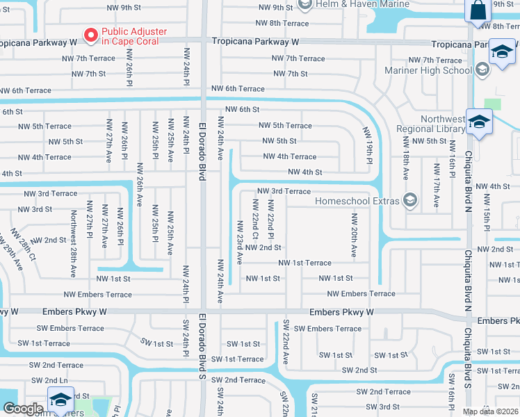 map of restaurants, bars, coffee shops, grocery stores, and more near 235 Northwest 22nd Court in Cape Coral
