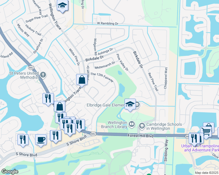 map of restaurants, bars, coffee shops, grocery stores, and more near 1633 Baltrusol Place in Wellington