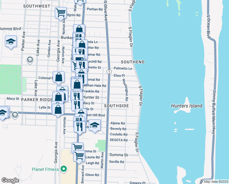 map of restaurants, bars, coffee shops, grocery stores, and more near 233 Cortez Road in West Palm Beach