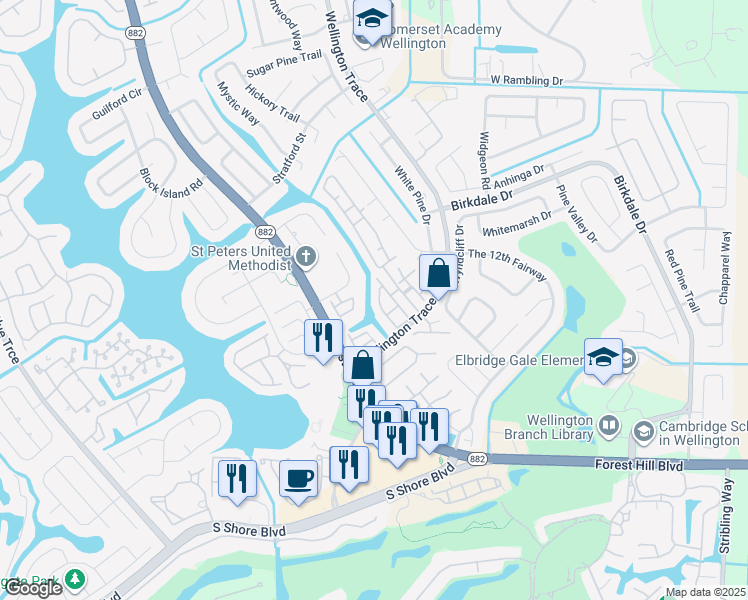 map of restaurants, bars, coffee shops, grocery stores, and more near 12136 Regal Court East in Wellington