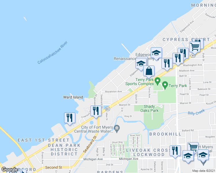 map of restaurants, bars, coffee shops, grocery stores, and more near 3168 East Riverside Drive in Fort Myers
