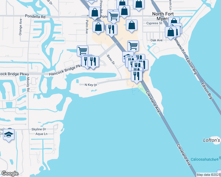 map of restaurants, bars, coffee shops, grocery stores, and more near 3374 North Key Drive in North Fort Myers