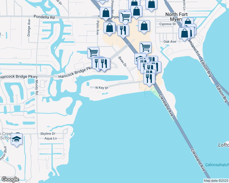 map of restaurants, bars, coffee shops, grocery stores, and more near 3460 North Key Drive in North Fort Myers