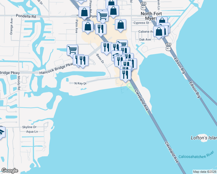 map of restaurants, bars, coffee shops, grocery stores, and more near 3334 North Key Drive in North Fort Myers