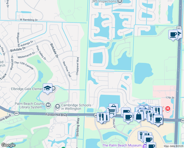 map of restaurants, bars, coffee shops, grocery stores, and more near 10811 Oak Bend Way in Wellington
