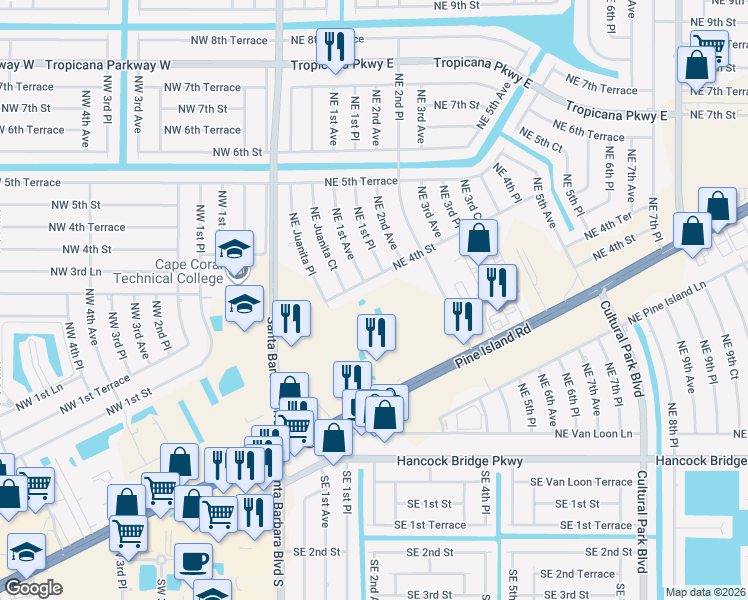 map of restaurants, bars, coffee shops, grocery stores, and more near 60 Northeast 4th Street in Cape Coral