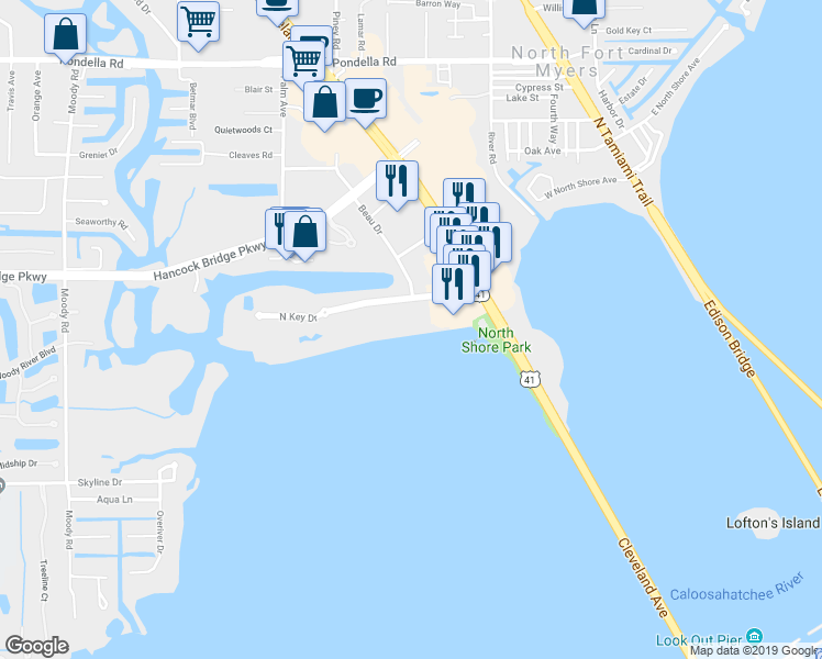 map of restaurants, bars, coffee shops, grocery stores, and more near 3332 North Key Drive in North Fort Myers
