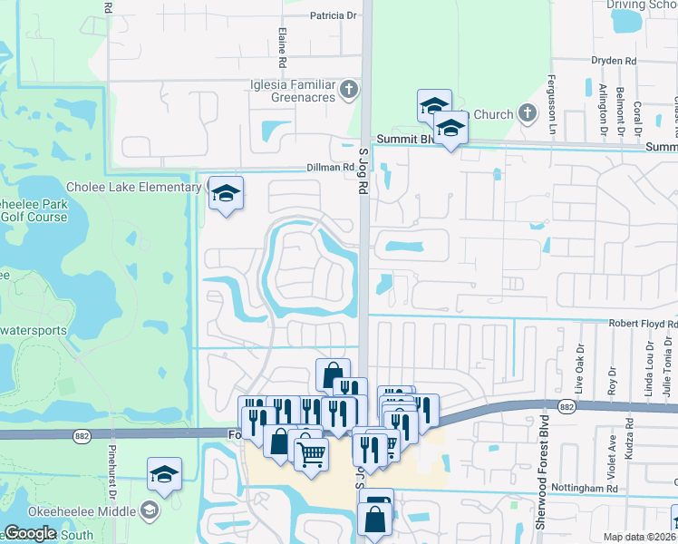 map of restaurants, bars, coffee shops, grocery stores, and more near 1183 Hatteras Circle in Greenacres