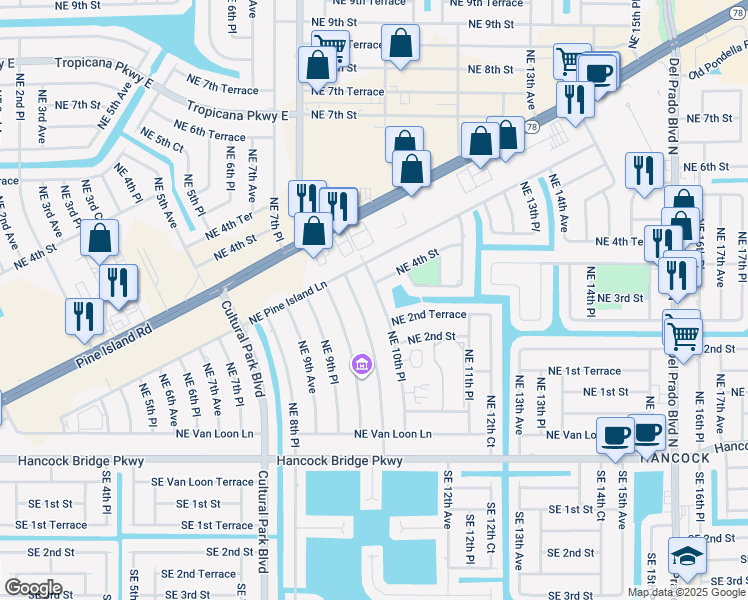 map of restaurants, bars, coffee shops, grocery stores, and more near 234 Northeast 10th Place in Cape Coral
