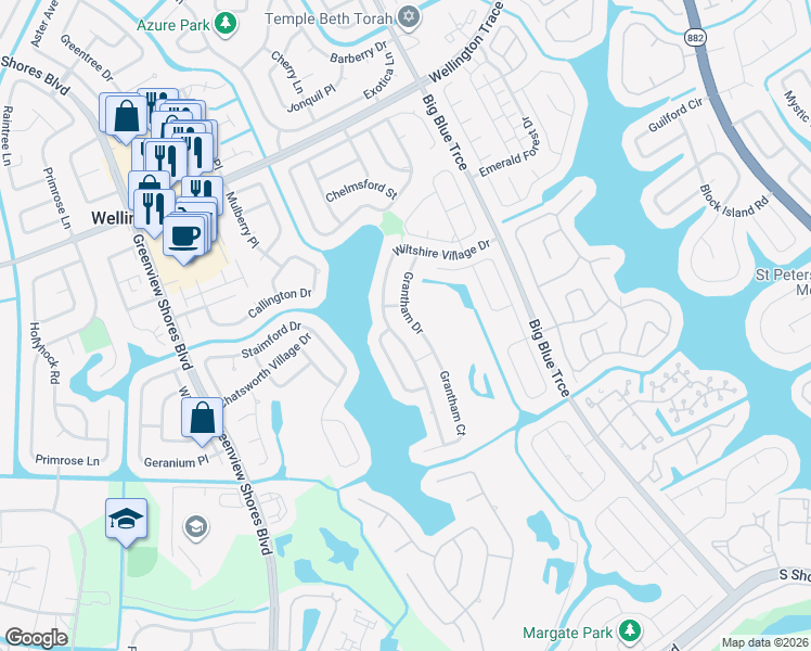 map of restaurants, bars, coffee shops, grocery stores, and more near 1601 Grantham Drive in Wellington