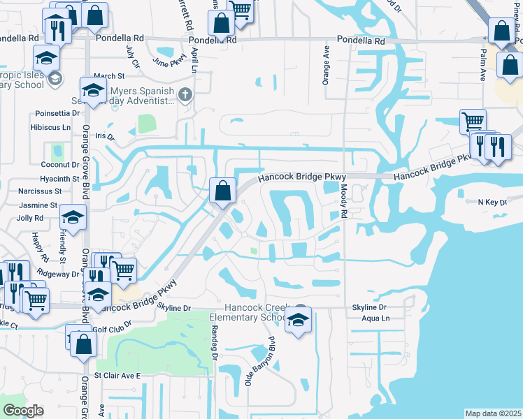 map of restaurants, bars, coffee shops, grocery stores, and more near 13085 Silver Thorn Loop in North Fort Myers