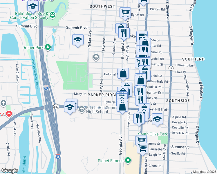 map of restaurants, bars, coffee shops, grocery stores, and more near 710 Franklin Rd in West Palm Beach