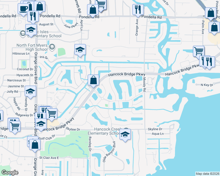 map of restaurants, bars, coffee shops, grocery stores, and more near 13085 Silver Thorn Loop in North Fort Myers