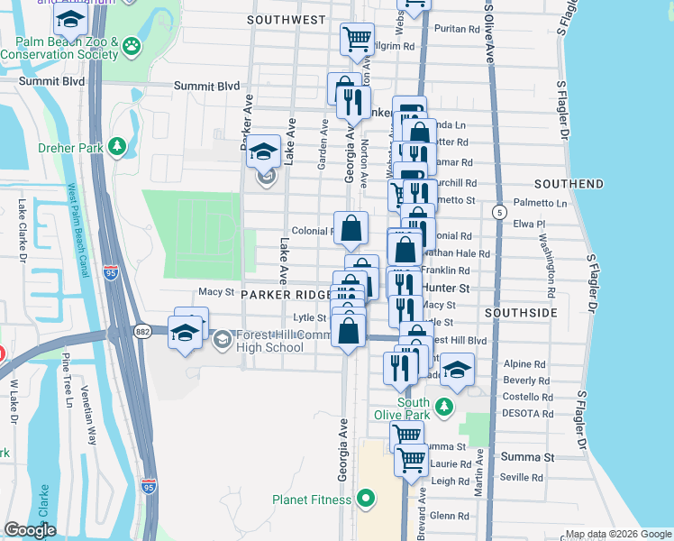 map of restaurants, bars, coffee shops, grocery stores, and more near 620 Franklin Road in West Palm Beach