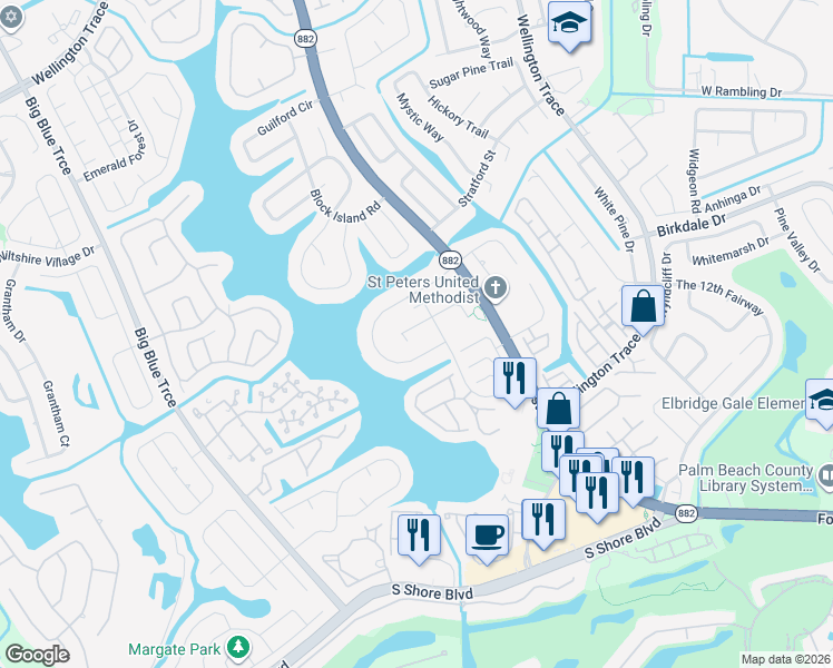 map of restaurants, bars, coffee shops, grocery stores, and more near 12417 Peconic Court in Wellington