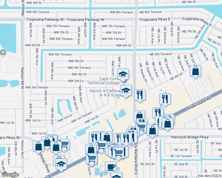 map of restaurants, bars, coffee shops, grocery stores, and more near 306 Northwest 1st Place in Cape Coral