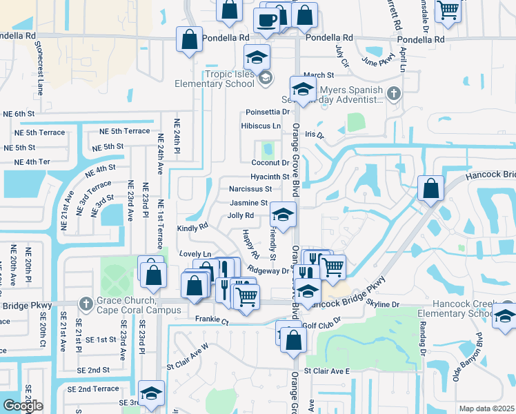 map of restaurants, bars, coffee shops, grocery stores, and more near 935 Jasmine Street in North Fort Myers