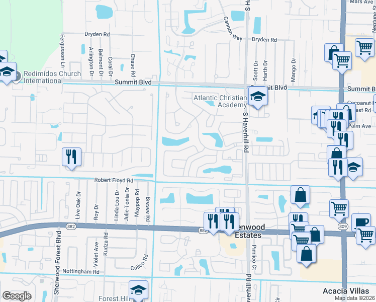 map of restaurants, bars, coffee shops, grocery stores, and more near 1286 Summit Run Circle in West Palm Beach
